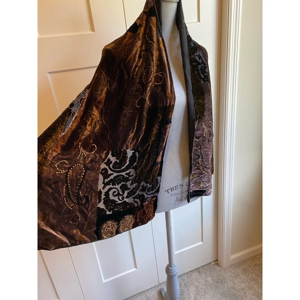 Italy Silk Velvet Burnout Scarf Neck Hair Purse Shoulder Accessories Brown Black